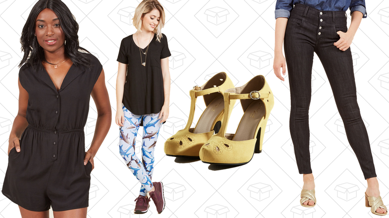 Read it and Steep Romper, $50 | Fresh Take Leggings, $25 | The Zest Is History Heel, $45 | Karaoke Songstress Jeans, $60